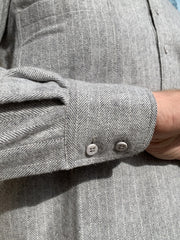 nehru-collar shirt in grey herringbone brushed cotton  