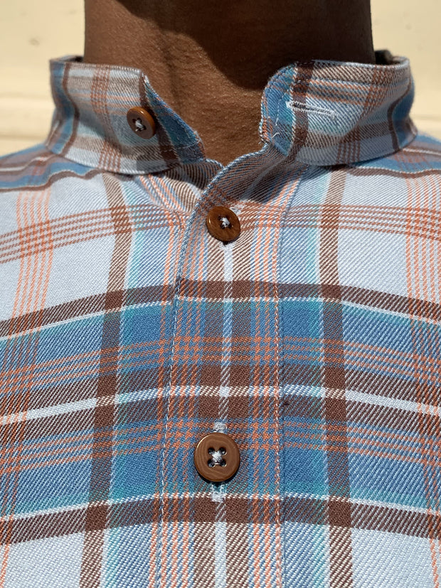 nehru-collar shirt in cotton  with a blue tartan pattern