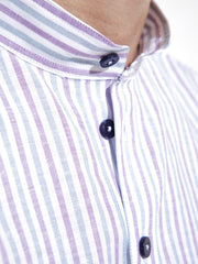 chemise à col nehru en lin et coton à rayures