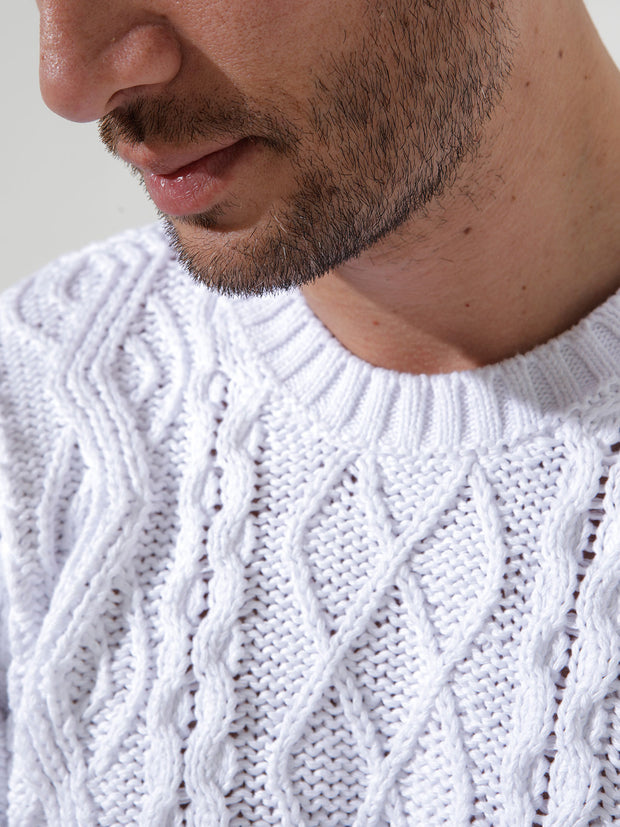 pull col rond "patented aran pattern" en coton blanc inis meáin