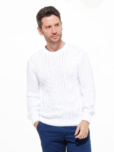 pull col rond "patented aran pattern" en coton blanc inis meáin