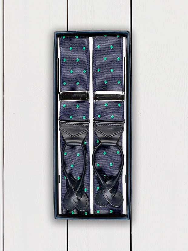 albert thurston navy-blue silk suspenders with green polka dots