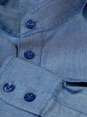 chemise à col nehru en toile de coton chambray indigo