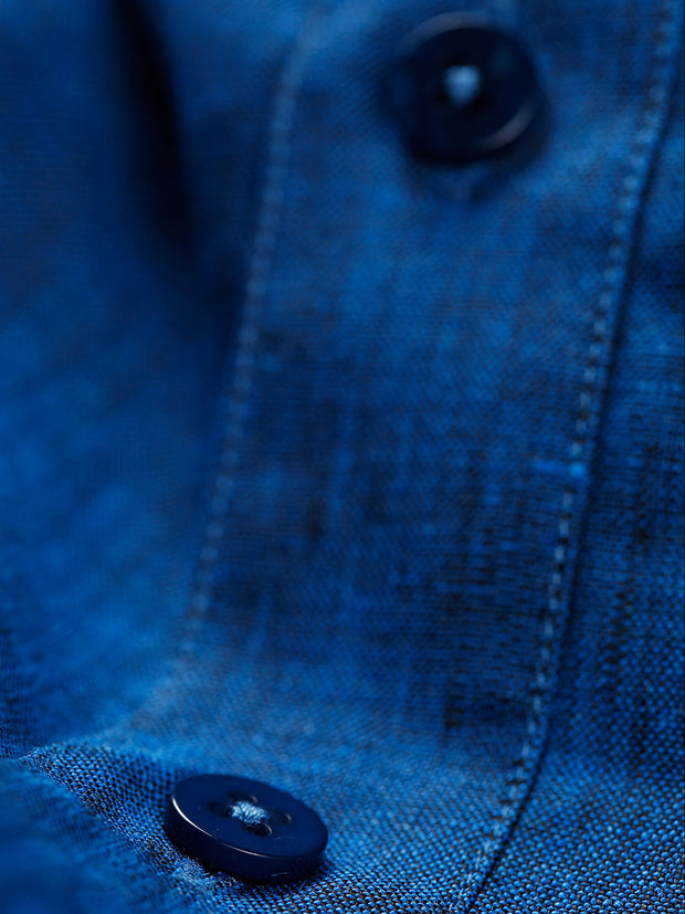indigo pure linen canvas nehru-collar shirt 