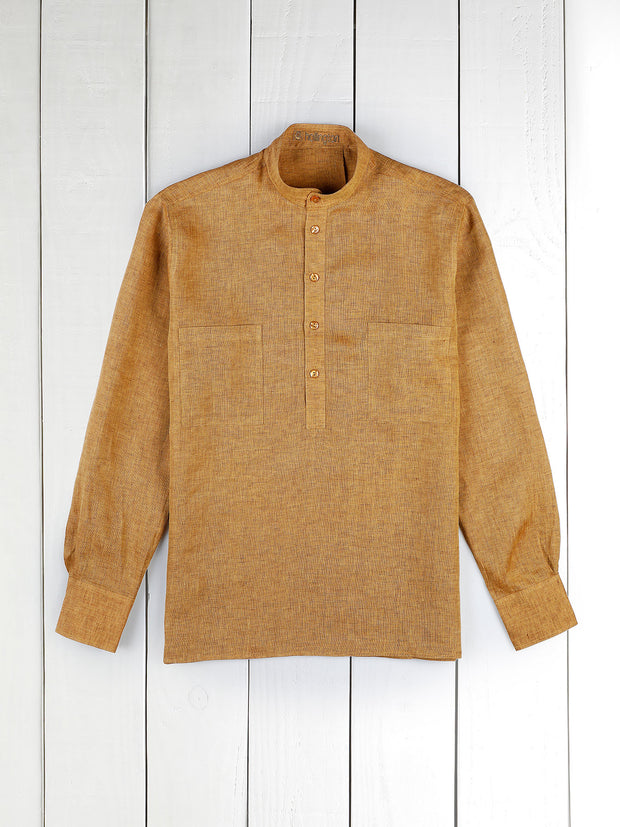 chemise à col nehru en toile pur lin vieil or