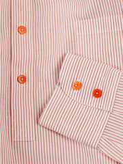 chemise à col nehru en toile de coton à rayures caramel