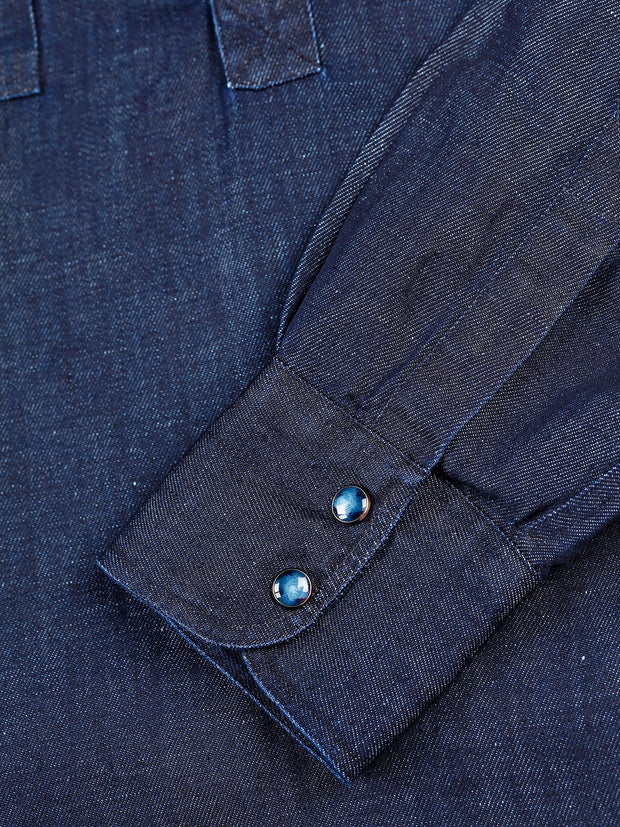 chemise à col nehru en denim indigo en coton et chanvre