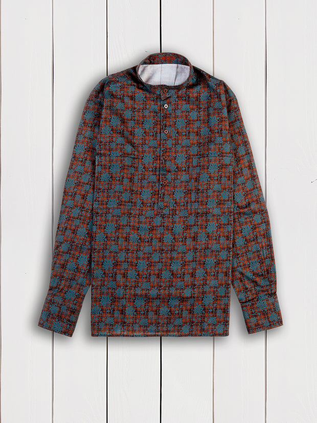 chemise à col nehru en coton texturé à motifs feuilles