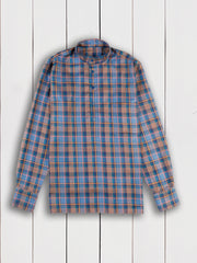 chemise à col nehru en toile de coton à carreaux bleus