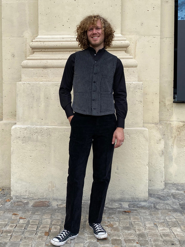 stretch velvet with fine stripes patch-pocket waistcoat