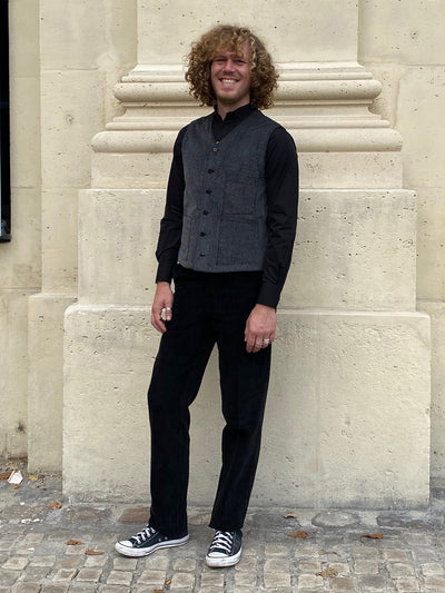 stretch velvet with fine stripes patch-pocket waistcoat