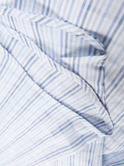 linen and cotton canvas short-sleeved mao collar shirt with blue stripes