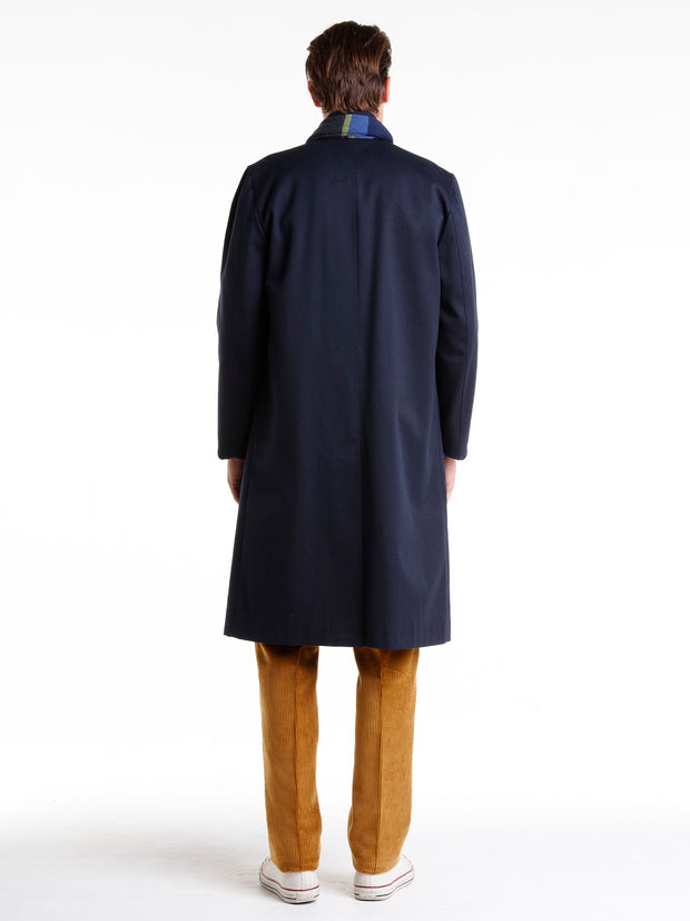 navy wool and cotton twill lund overcoat