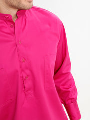 chemise à col nehru en coton fuchsia.