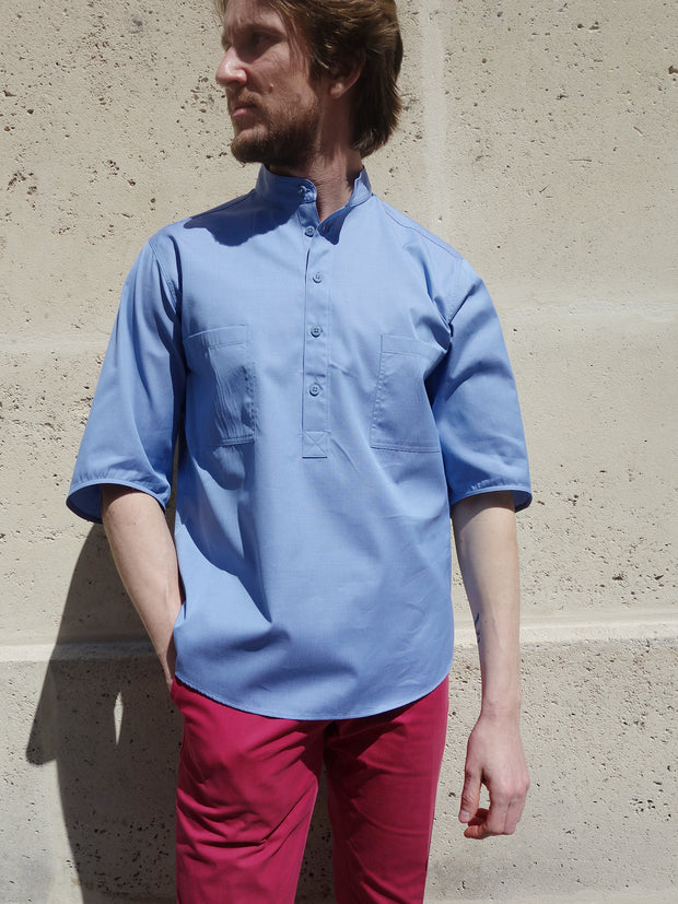 chemise deauville à manches courtes en toile pur coton blue pinpoint