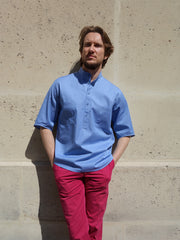 chemise deauville à manches courtes en toile pur coton blue pinpoint