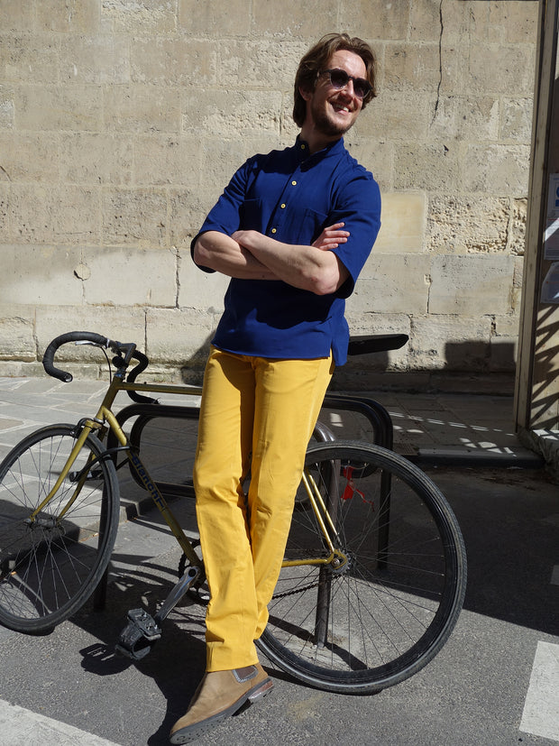 navy blue jersey with yellow buttons short sleeve nehru-collar deauville shirt 