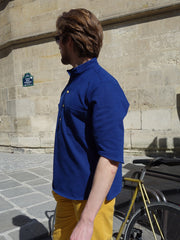 navy blue jersey with yellow buttons short sleeve nehru-collar deauville shirt 