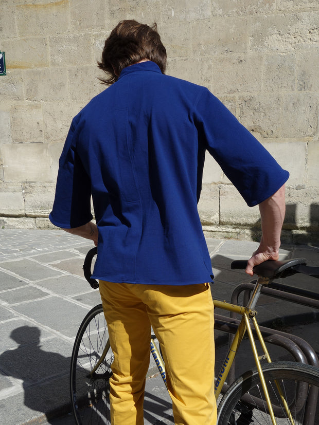navy blue jersey with yellow buttons short sleeve nehru-collar deauville shirt 