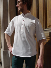 chemise deauville à manches courtes en jersey blanc cassé à boutons framboise
