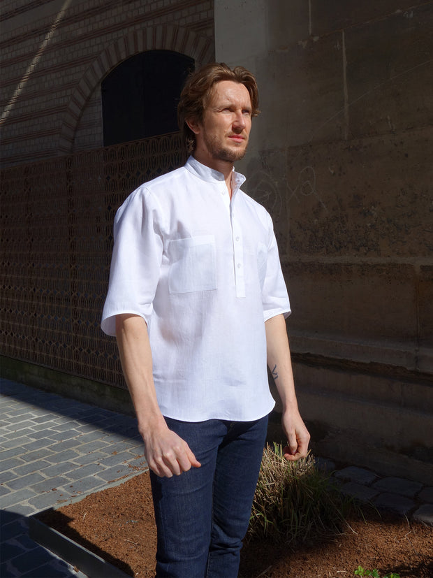 white pure linen canvas short sleeve nehru-collar deauville shirt
