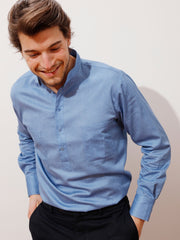 sky-blue textured cotton nehru-collar shirt 