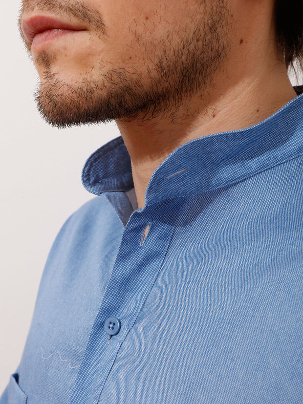 sky-blue textured cotton nehru-collar shirt 