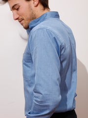 sky-blue textured cotton nehru-collar shirt 