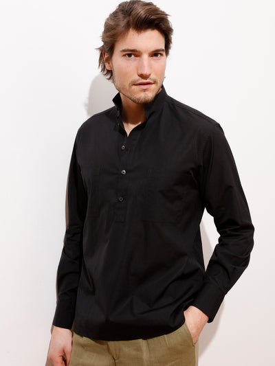 chemise à col nehru en popeline black de luxe