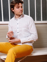 stretch cotton with thin stripes fitted mao-collar shirt