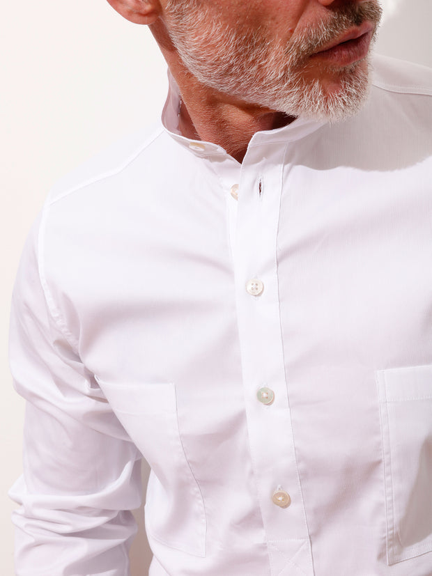 white stretch cotton fitted mao-collar shirt