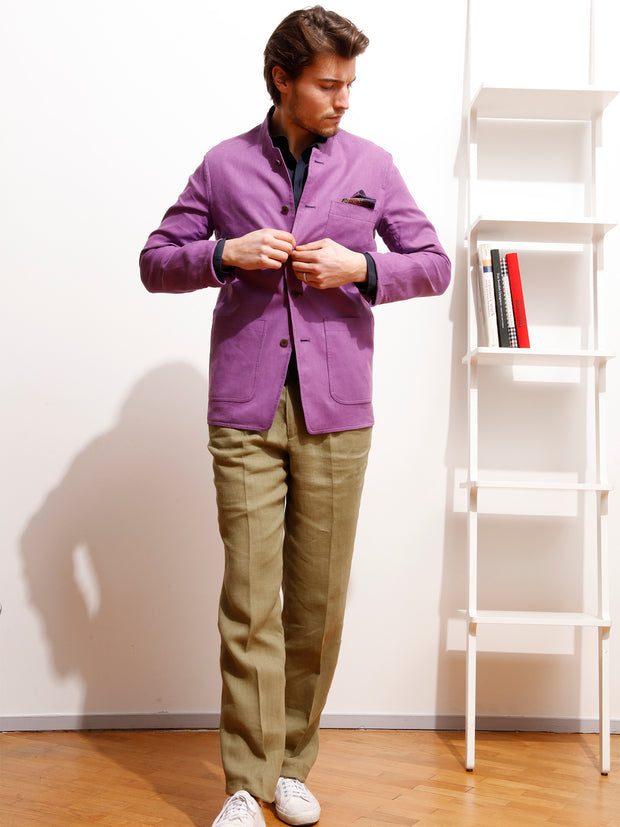 pure linen lilac canvas slim nehru-collar savoie jacket