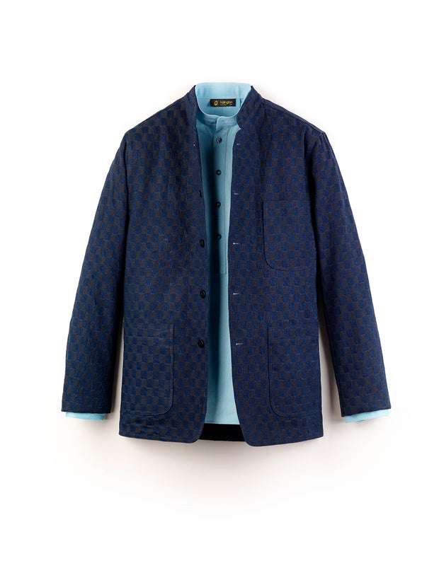 chequered japanese denim regular nehru-collar savoie jacket