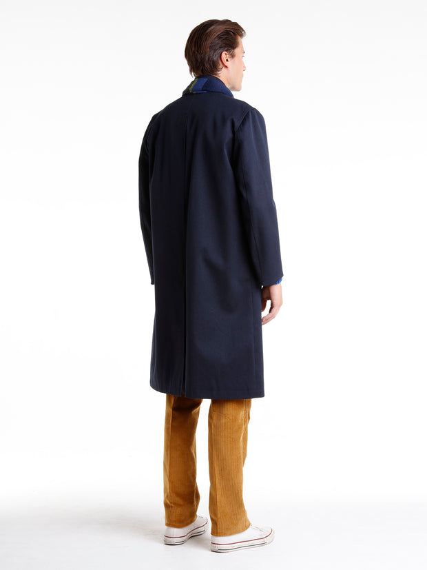navy wool and cotton twill lund overcoat