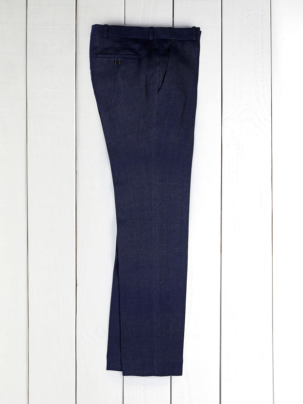dark navy plaited linen canvas siza flat-front slim city trousers