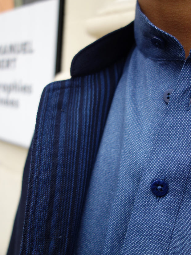 double-sided navy wool on royal stripes slim nehru-collar savoie jacket
