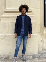 double-sided navy wool on royal stripes slim nehru-collar savoie jacket