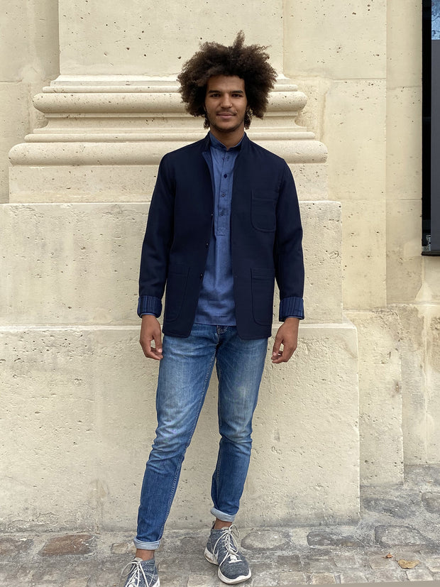 double-sided navy wool on royal stripes slim nehru-collar savoie jacket